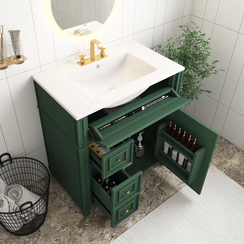 Meuble-lavabo vert 30 po avec lavabo en céramique, meuble de rangement avec portes à fermeture douce et organisateur de porte et tiroirs