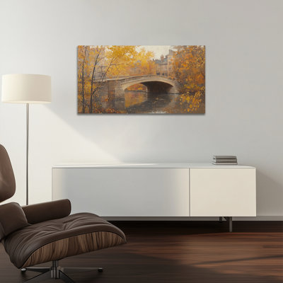 Fall Landscape Wall Art - Autumn Bridge Pictures Wall Decor, Vintage Fall Canvas Wall Art Prints, Earth Tone Painting for Living Room Wrapped Canvas Print