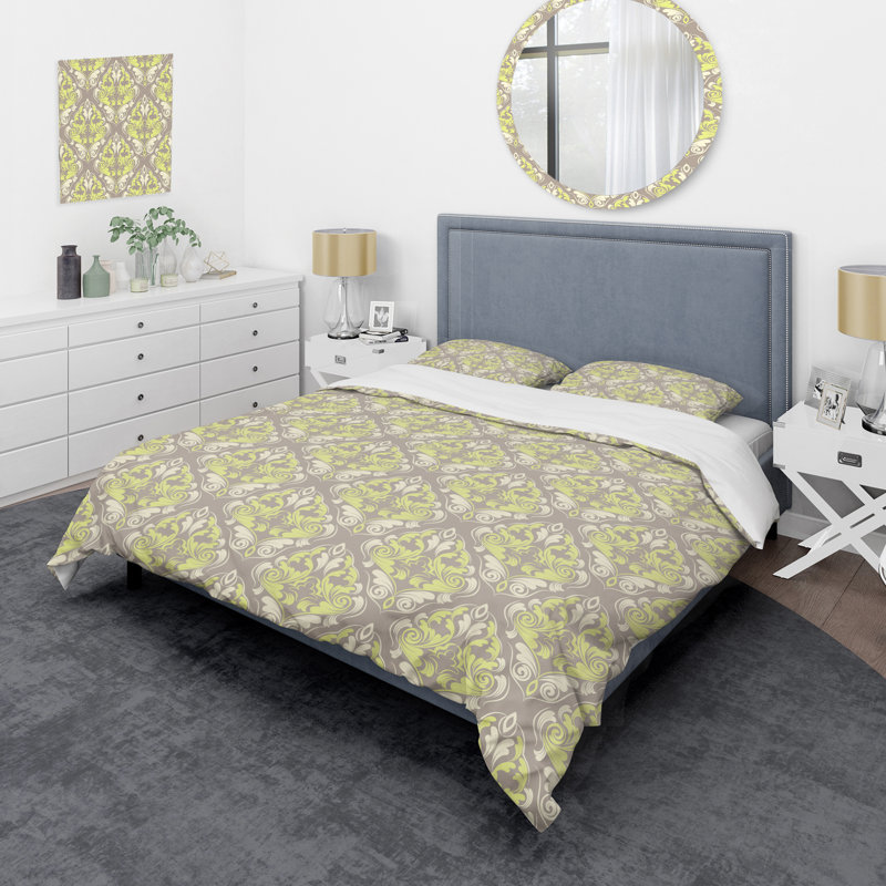 Ensemble de housse de couette à motif damassé gris et vert, Housse de couette pour grand lit et 2 taies décor