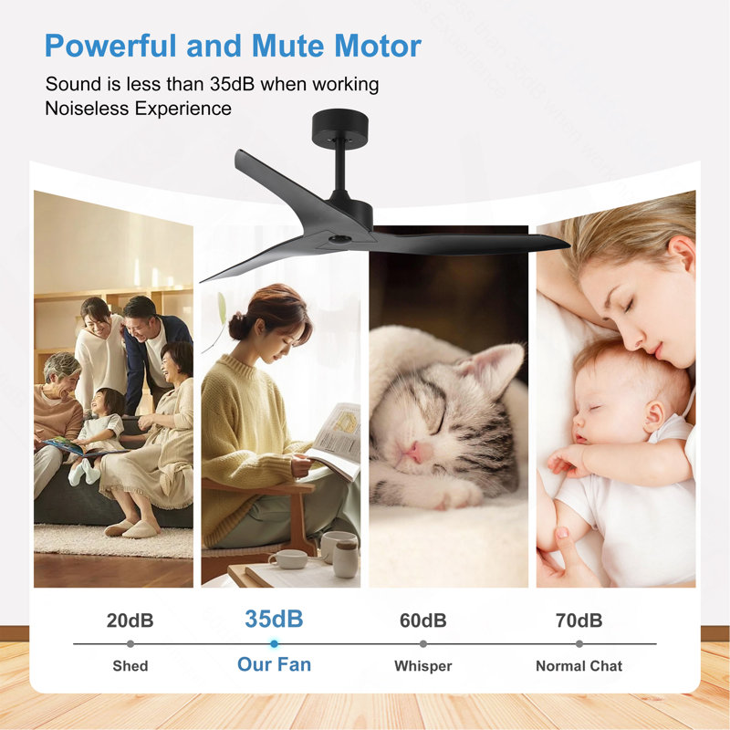 52" Outdoor Black Ceiling Fan Without Light With Remote Control, Black