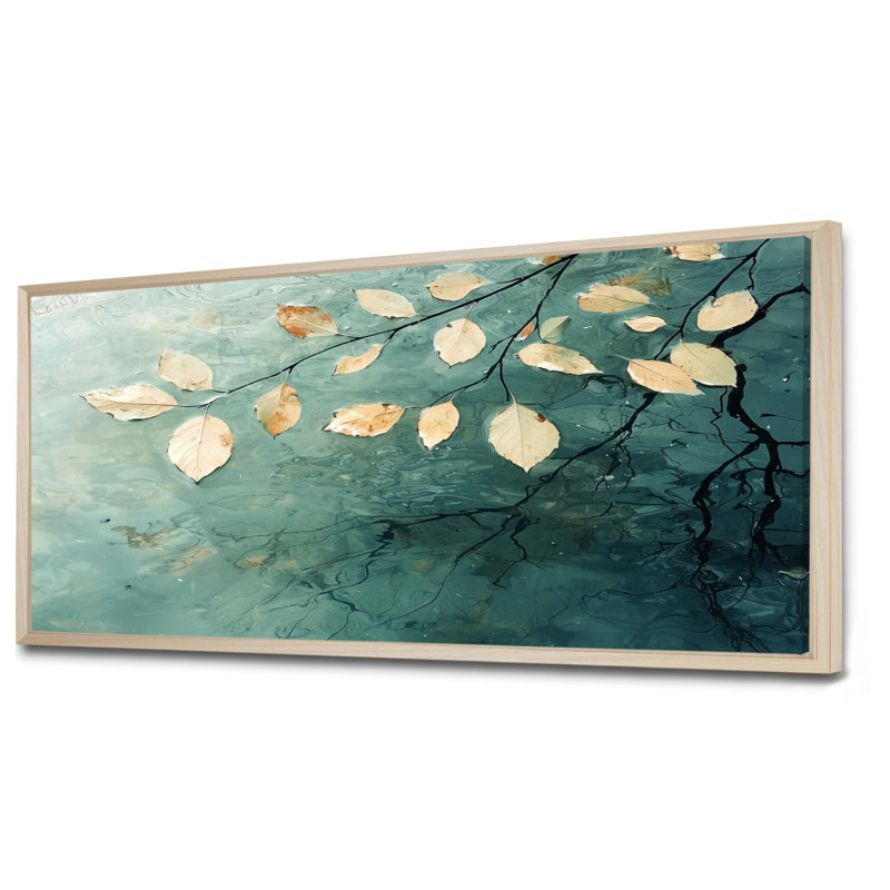 Riverbank Leaves Simplicity Scenery I - Leaves, art mural, H 28 po x l 60 po, Reproduction avec cadre flottant, Crème, crème
