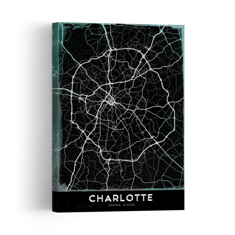 Dark Charlotte City Map Minimalist Modern Contemporary City Architecture Wall Art Print 1 Piece Wrapped Canvas Wall Art