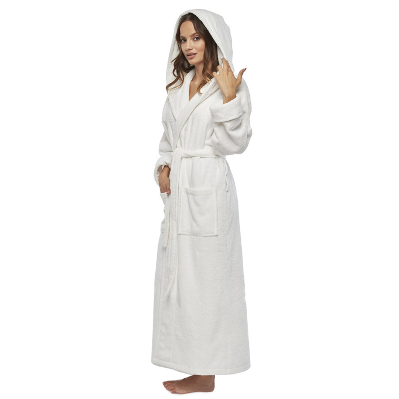 Peignoir de cheville en Ratine de coton pour femmes avec hotte 100%, Blanc, H 56 po x l 31,5 po