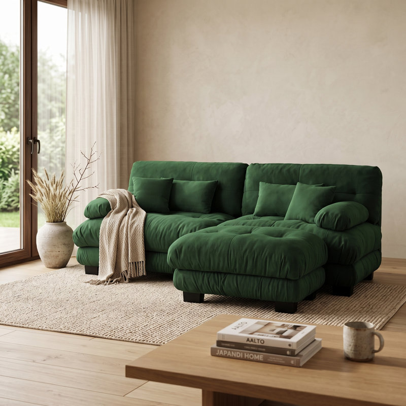 Canapé Cloud 2 places en chenille verte douce avec pouf et coussins moelleux pour se détendre, 2 places + 1 repose-pieds