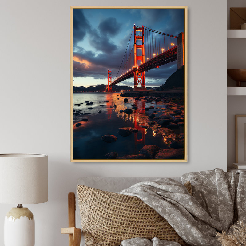«USA Golden Gate Symphony Cloudy Sunset», reproduction sur toile, H 44 po x l 34 po x P 1,5 po, Cadre naturel flottant