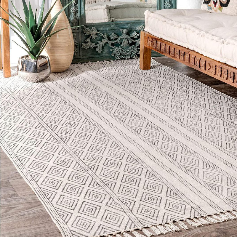 Tapis en coton noué à la main à motif géométrique blanc cassé / noir Behrendt, Rectangle 4 pi x 6 pi