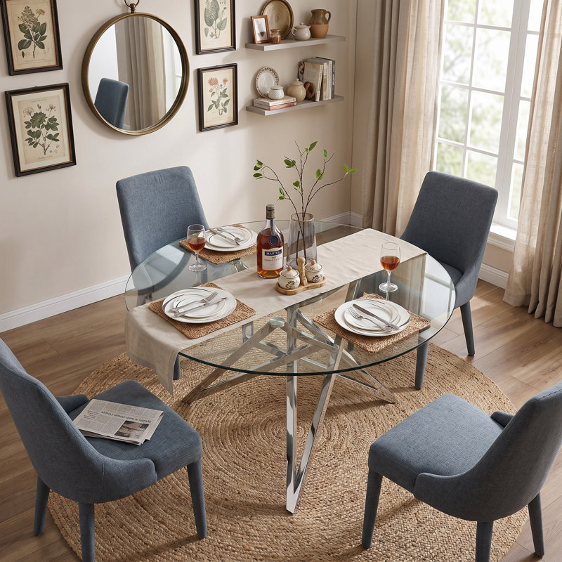 47 Inch Round Glass Top Metal Base Dining Table, Silver