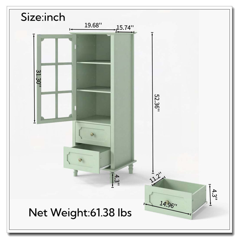 Armoire arquée avec portes en verre et double tiroir, Vert menthe