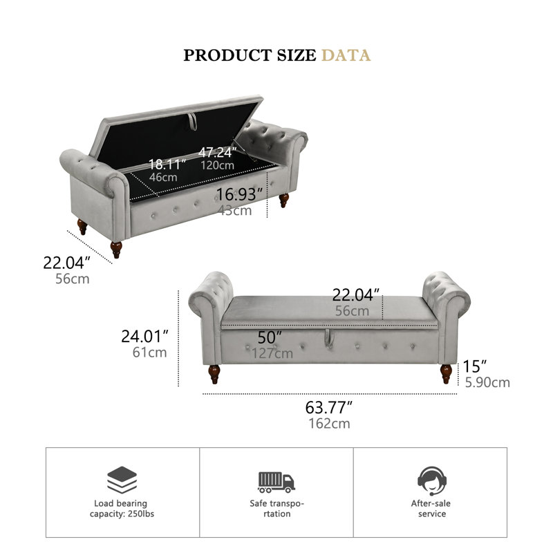 Banc de rangement avec repose-pieds pour chambre à coucher, banc de bout de lit avec accoudoirs, Gris