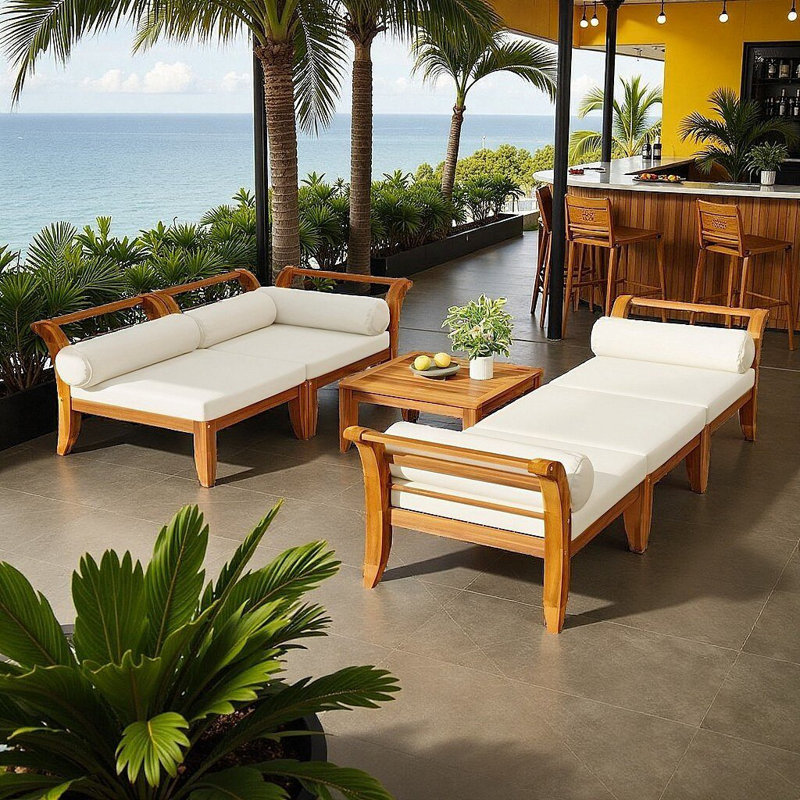 Luxury Acacia Wood Modular Patio Sofa Set - L-Shaped Outdoor Sectional with Convertible Daybed, Ottoman & Weatherproof Cushions