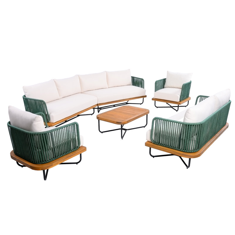 Reyansh Outdoor 6-Piece Acacia Wood Woven Rope Conversation Set With Cushions, Beige Cushion/Green Rope Teak Frame