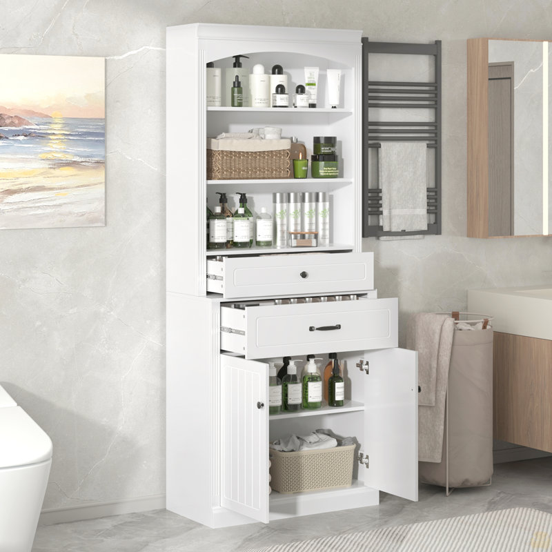 Armoire de rangement pour salle de bain avec deux portes, tiroirs, tablette réglable et trois tablettes ouvertes