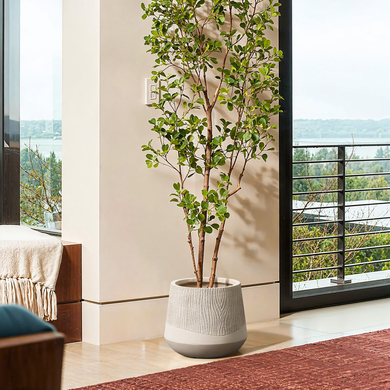 Blended Tan with Wood Pattern Round Tapered Tall MgO Planter, Indoor and Outdoor, 10.60" H x 12.40" W x 12.40" D