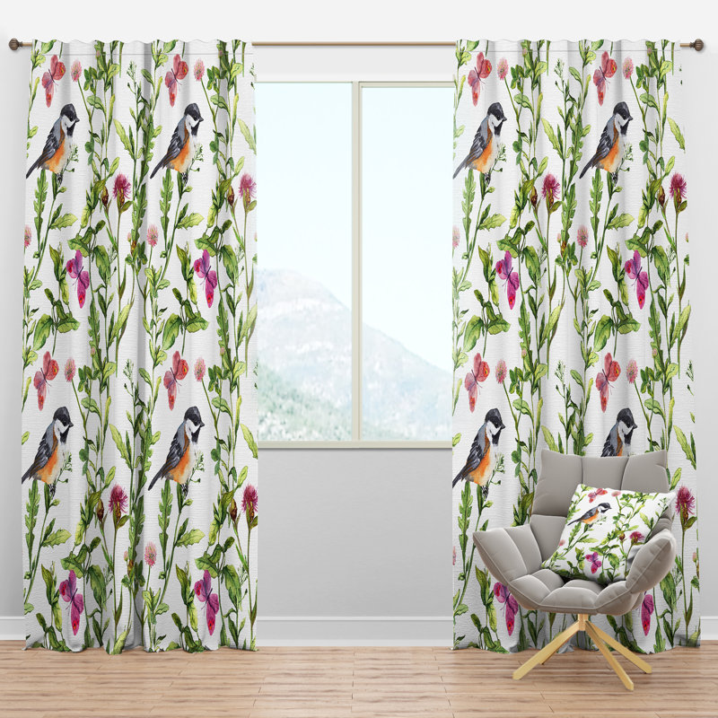 Meadow with Butterflies, Birds and Herbs - Farmhouse Curtain - Velvet Room darkening - 1 panel, 52"W x 90"L