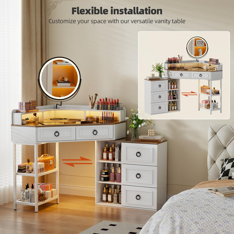 Corner Dressing Table with 360° Rotating Mirror, White;Brown