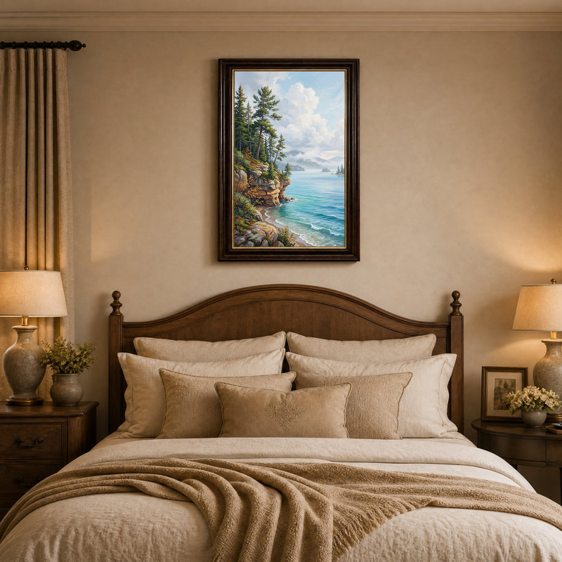 Art mural sur toile Rocky Cliff avec grands pins et eau bleue, H 24 po x l 16 po