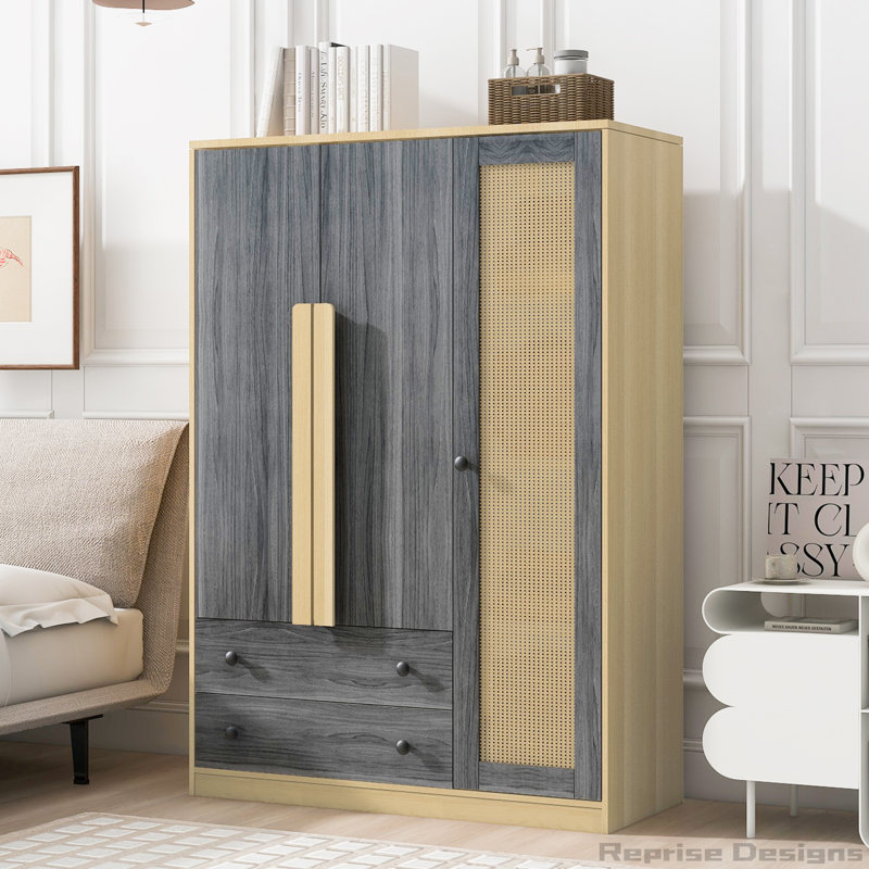 Armoire-penderie 3 portes en bois avec 2 tiroirs, Noir/naturel