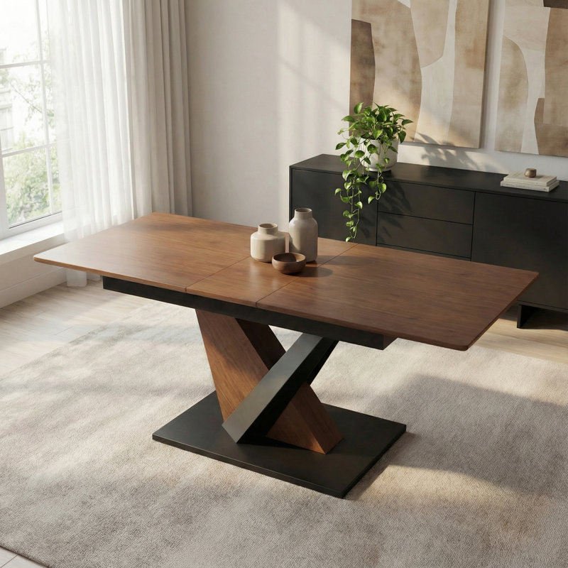 Table de salle à manger contemporaine en MDF noyer foncé et placage de bois