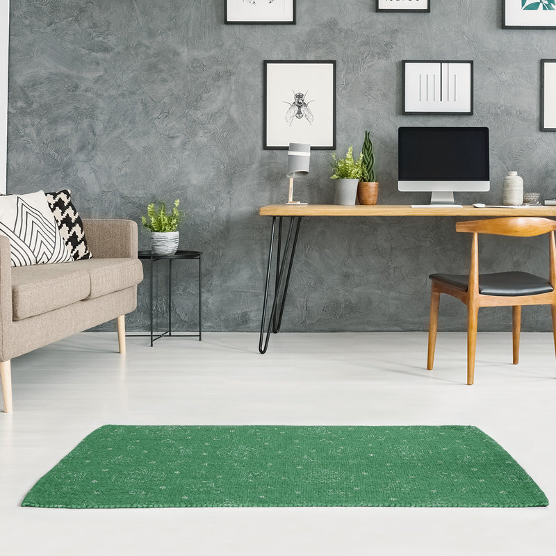Tapis vert/blanc fait main, Rectangle 5 pi x 7 pi