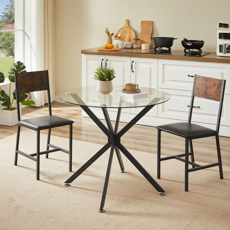Table de salle à manger ronde moderne en verre trempé 35,4 pouces avec pieds en métal robustes