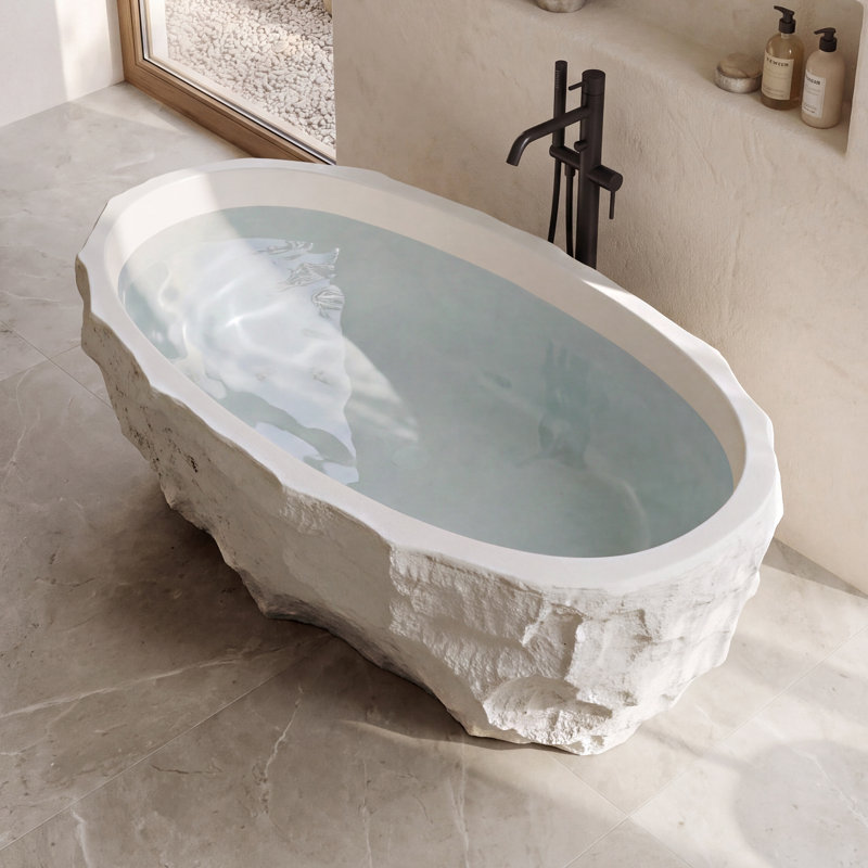 Baignoire autoportante 67 "à surface solide en pierre profonde beige, Beige