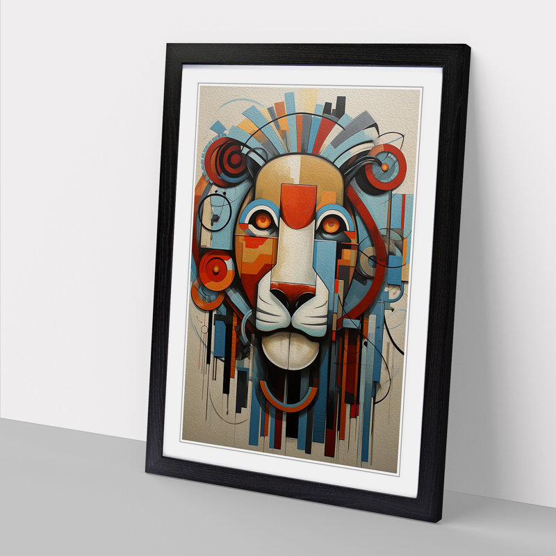 Lion Constructivism No.4 - Single Picture Frame Print on Wood, Black, 34cm H x 25cm W x 2cm D