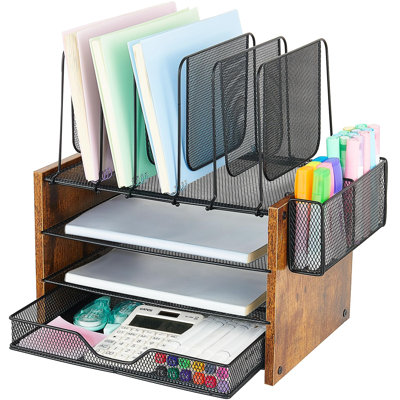 Organisateurs de bureau en bois et accessoires, organisateur de bureau de bureau à 4 niveaux avec tiroir, 5 porte-classeurs verticaux et porte-stylo pour fournitures de bureau