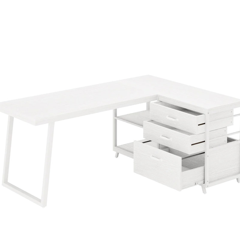 Bureau de jeu en forme de L blanc pour créer un espace confortable 2 petits tiroirs, 1 grand tiroir, des tablettes ouvertes, une construction, un dessin facile à assembler avec un grand espace de rangement et une conception de travail spacieuse, un tiroir