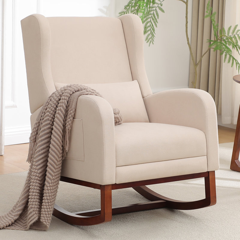 30" Wide Rocking Chair with Solid Wood Leg and Footrest, Beige Linen Blend