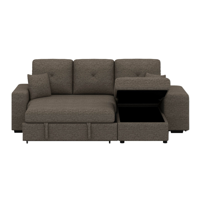 Reversible Sleeper Sectional Sofa Bed With Side Shelf And 2 Stools,Pull-Out L-Shaped Sofa Bed, Knox Charcoal