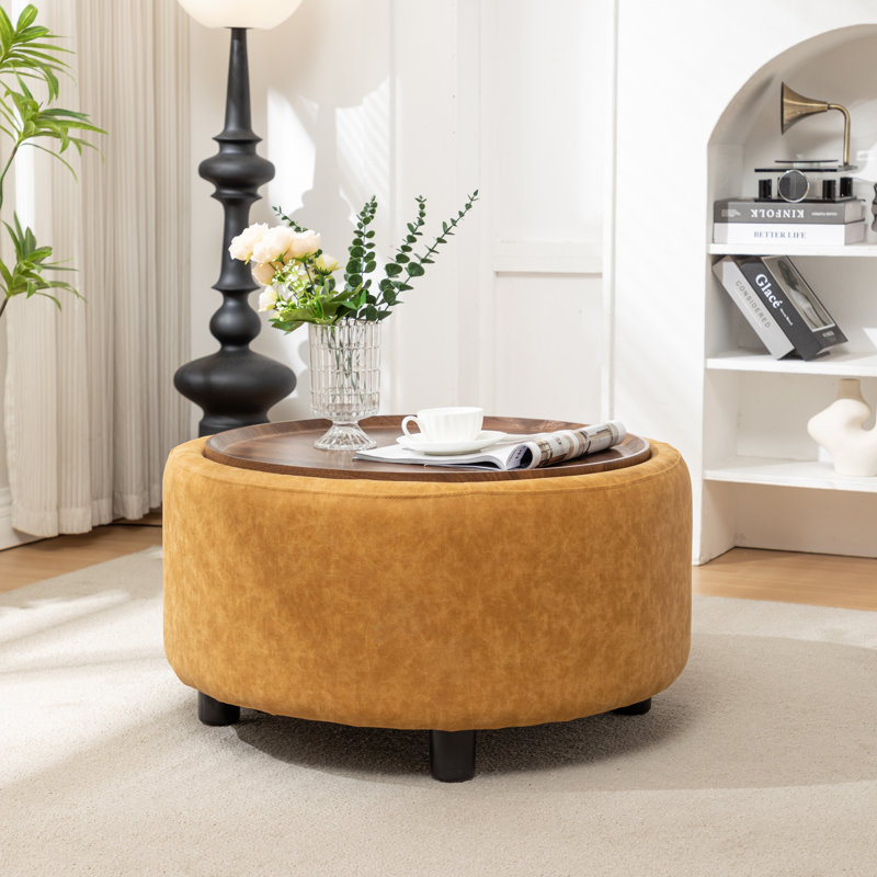 Bryonie Round Cocktail Ottoman with Storage, Yellow Performance Faux Leather