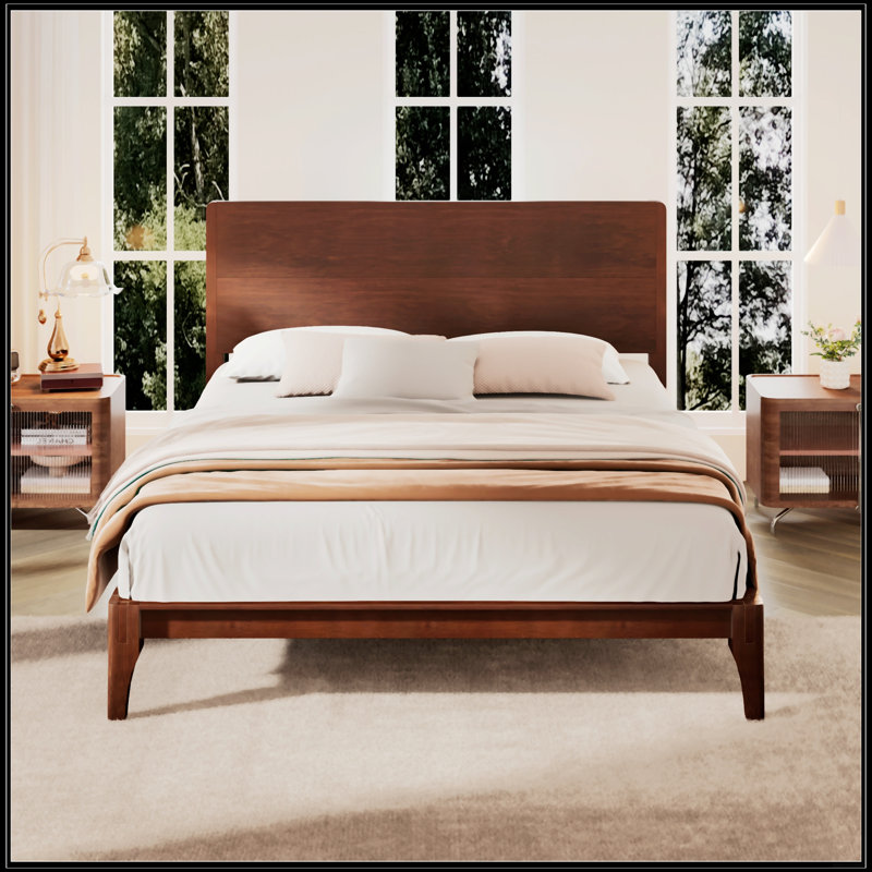 Lit plateforme en bois de bambou Mid-Century, Très grand lit, Chocolat