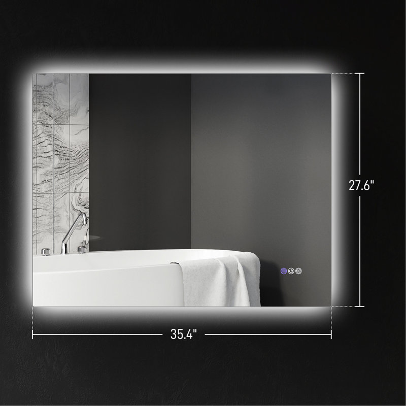 Miroir de salle de bain 35 po x 28 po à DEL, brouillard, luminosité réglable, température de couleur réglable, mémoire, fixation murale, horizontal / vertical, Cri90 +, résistant à l'eau, imperméable à l'eau, personnalisable en aluminium, montage, alliage