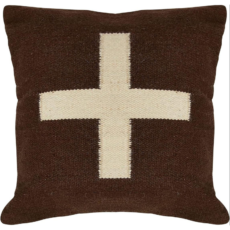 Swiss Cross Cotton Wool Throw Pillow, Brown/Cream