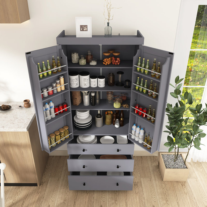 Armoire de rangement 35 po avec 8 portes et 8 tiroirs Farmhouse, Gris