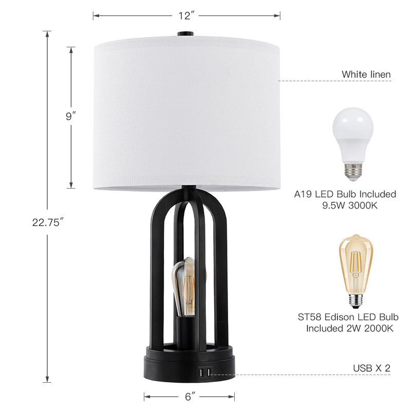 Lampe de table USB 22,75 po noire avec ampoules DEL