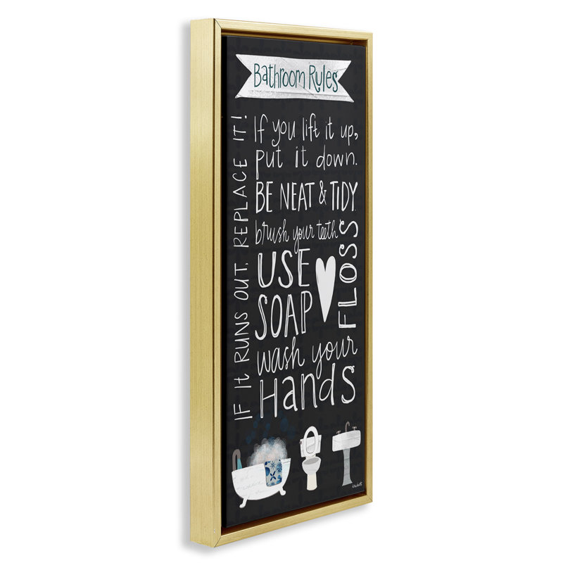 "Whimsical Bathroom Rules", art mural encadré flottant doré par Katie Doucette, H 25 po x l 11 po