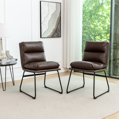 Antique Brown Dining Chairs, 2 Chairs . Sled Base Design. Cozy Overfilled Seat. Faux Leather Upholstery. Metal Build. Wipe Clean. Square Casual Chair For Room Of Brown. Sled-like Steady Meal Time.