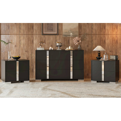 Ensemble de 3 pièces, commode élégante à 6 tiroirs et deux tables de chevet, armoire de rangement et table de chevet avec pieds en métal, pour la chambre à coucher et le salon, noir