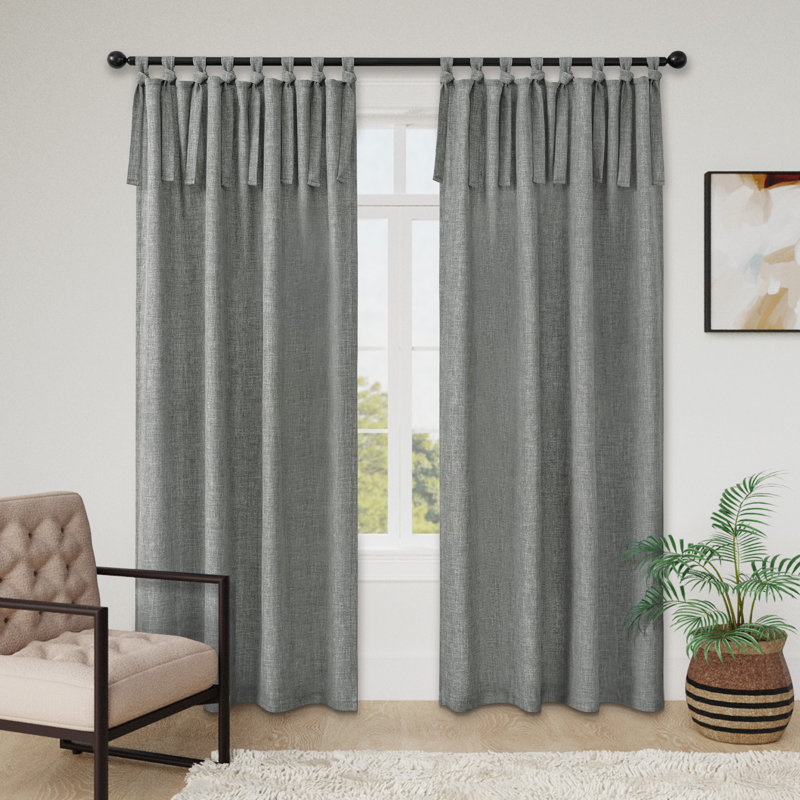 Linen Texture Tie Top Light Filtering Curtain Pair(2 Panels), 52" W x 84" L, Dark Blue