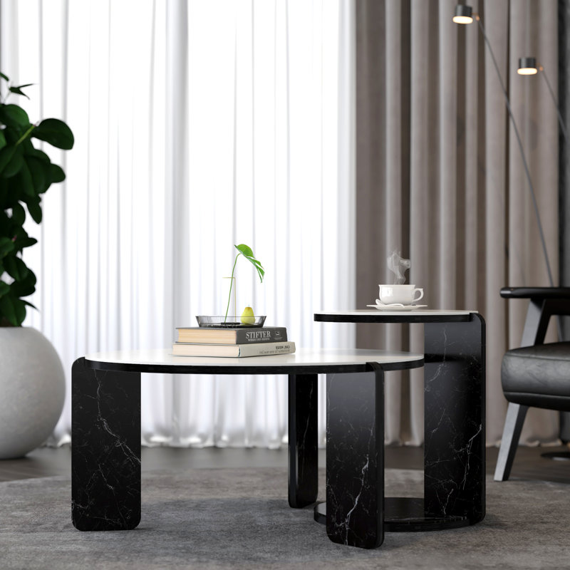 Ensemble de 2 tables basses gigognes rondes pour petit espace, Blanc, Noir