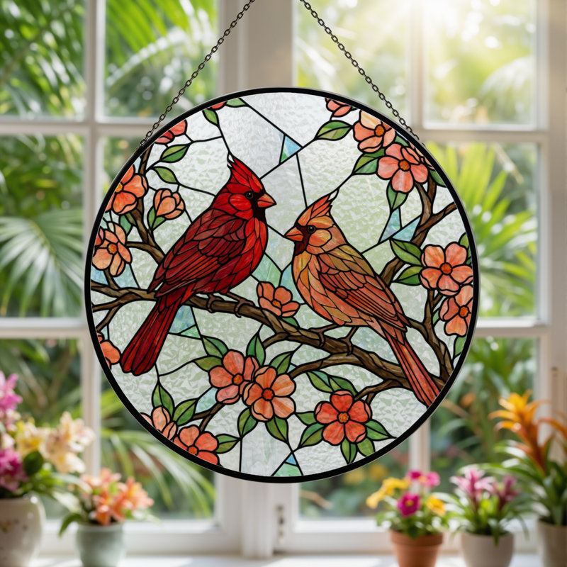 7.8"H Cardinal Birds Stained Glass Window Panel, 7.8" H x 7.8" W