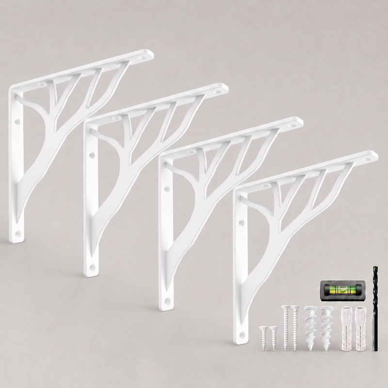 Rustic Tree Shelf L Brackets by Balin Designs (White) for 6 inch - 8 Inch Shelves - Heavy-Duty Decorative Metal Mantel Bracket Supports - Easy Installation with Included Hardware - Set of 4