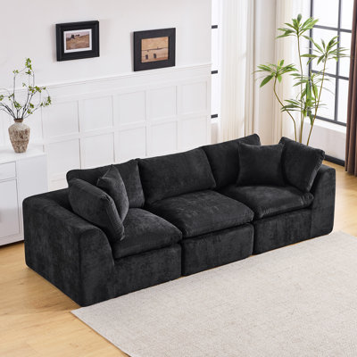  Canapé modulaire à compression 3 pièces en chenille noire sans os pour salon, sans assemblage requis