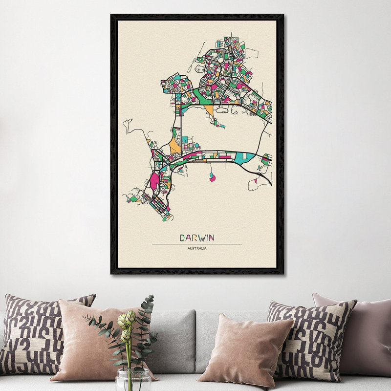 Darwin, Australia Map by Ayse Deniz Akerman - Floater Frame Print on Canvas