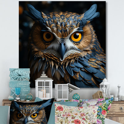 «Blue and Yellow Magestic Owl Contemporary Stare», art mural animal sur toile