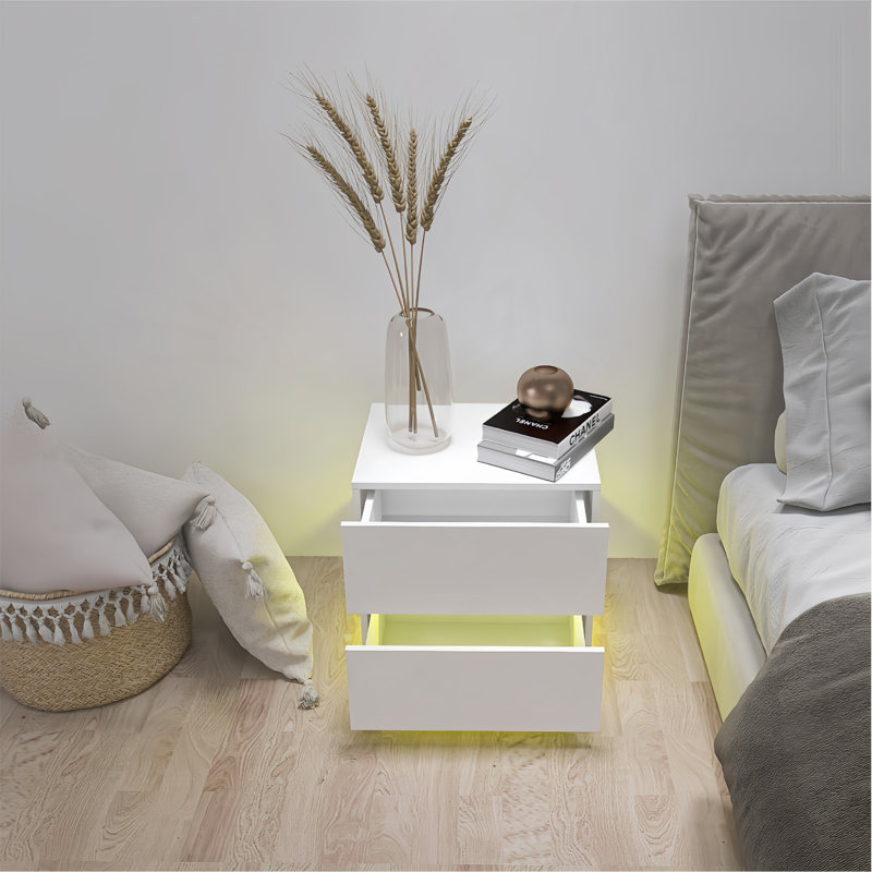 Table de chevet 2 tiroirs blanche brillante avec table de chevet à lumière RVB avec contrôle Bluetooth