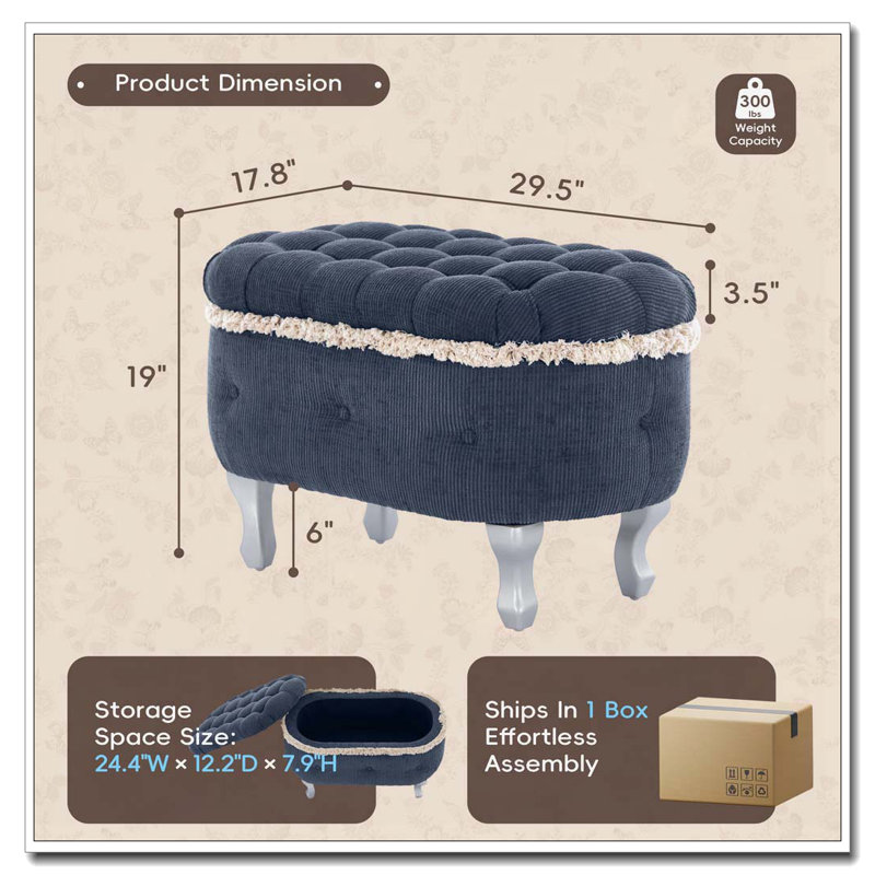 Banc de rangement avec repose-pieds en tissu, Bleu