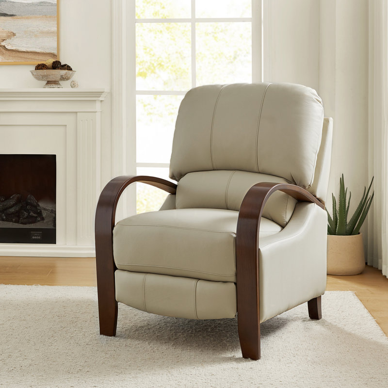 Alexandra 30" W Mid-Century Modern Manual Recliner with Bentwood Arms, Beige Genuine Leather/Faux Leather