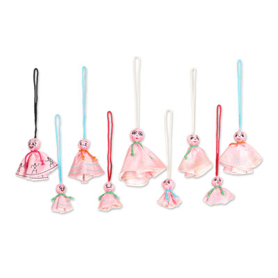 Novica Handmade Pink Spooky Dolls Embroidered Viscose Ornaments (Set Of 9)